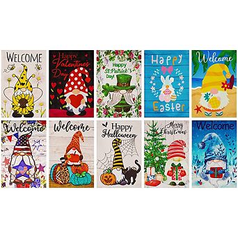 G128 Garden Flag Holiday Gnomes Set #2 12"x18" Blockout 10 pc