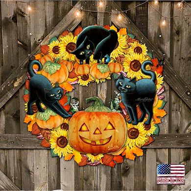 Halloween Cats Holiday Door Wreath by Laura Seeley - Thanksgiving Halloween Decor