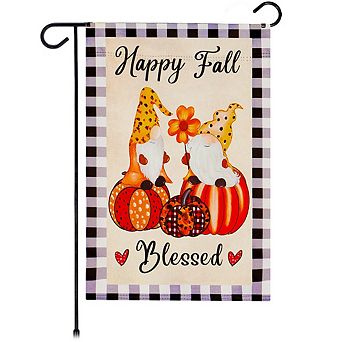 G128 Garden Flag Happy Fall Blessed 2 Gnomes Sitting on Pumpkins 12"x18" Blockout