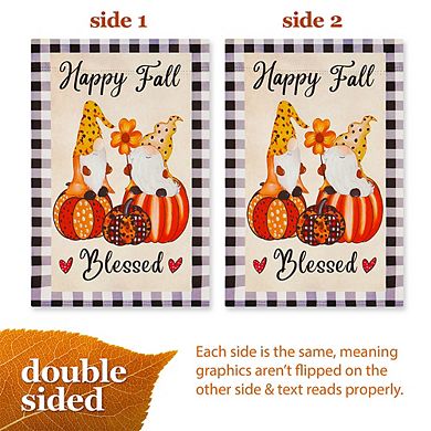 G128 Garden Flag Happy Fall Blessed 2 Gnomes Sitting on Pumpkins 12"x18" Blockout