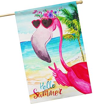 G128 House Flag Hello Summer Peace Sign Flamingo 28"x40" Blockout