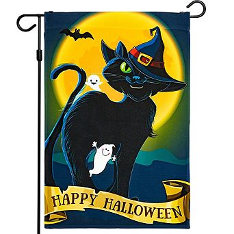 G128 Garden Flag Happy Halloween Black Cat Moon 12"x18" 150D