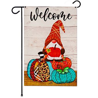 G128 Garden Flag Welcome Gnome Sitting on Patterned Pumpkins 12"x18" Blockout