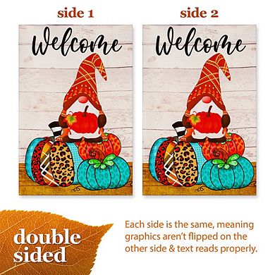G128 Garden Flag Welcome Gnome Sitting on Patterned Pumpkins 12"x18" Blockout