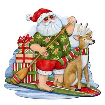 Paddle Boarding Santa 20-Inch Handcrafted Wooden Door Decor by Susan Winget - Festive Holiday Decor