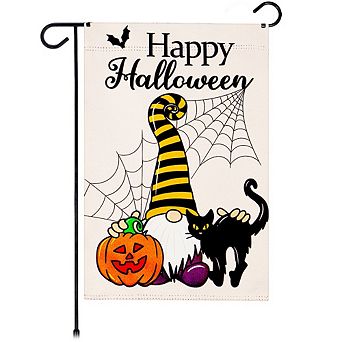 G128 Garden Flag Happy Halloween Gnome with Pumpkin and Black Cat 12"x18" Blockout