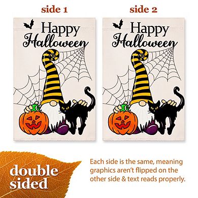 G128 Garden Flag Happy Halloween Gnome with Pumpkin and Black Cat 12"x18" Blockout