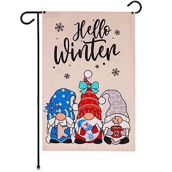 G128 Garden Flag Hello Winter 3 Cozy Gnomes with Hot Chocolate 12"x18" Burlap