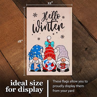 G128 Garden Flag Hello Winter 3 Cozy Gnomes with Hot Chocolate 12"x18" Burlap
