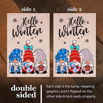 G128 Garden Flag Hello Winter 3 Cozy Gnomes with Hot Chocolate 12"x18" Burlap