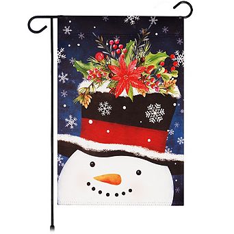 G128 Garden Flag Snowman with Festive Evergreen Top Hat 12"x18"
