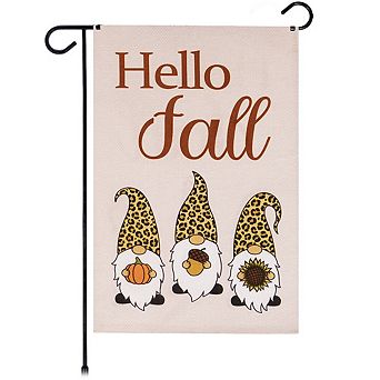 G128 Garden Flag Hello Fall 3 Gnomes with Pumpkin Acorn Sunflower 12"x18" Burlap