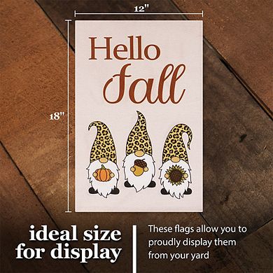 G128 Garden Flag Hello Fall 3 Gnomes with Pumpkin Acorn Sunflower 12"x18" Burlap