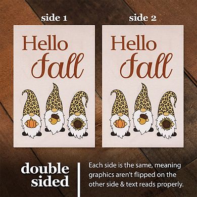 G128 Garden Flag Hello Fall 3 Gnomes with Pumpkin Acorn Sunflower 12"x18" Burlap