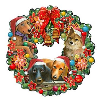Christmas Friends Puppy 24-Inch Handcrafted Wooden Door Wreath by G. DeBrekht - Pets Decor