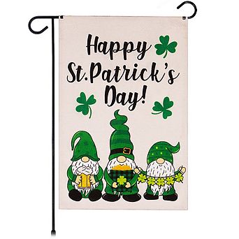 G128 Garden Flag Happy St Patrick's Day 3 Leprechaun Gnomes 12"x18" Burlap