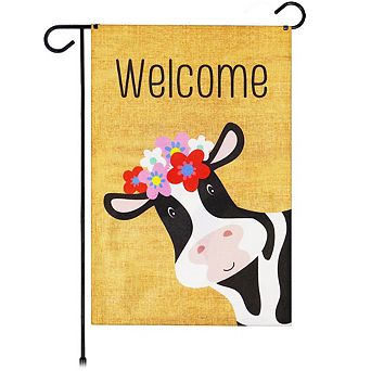 G128 Garden Flag Welcome Cow with Flowers 12"x18" Burlap