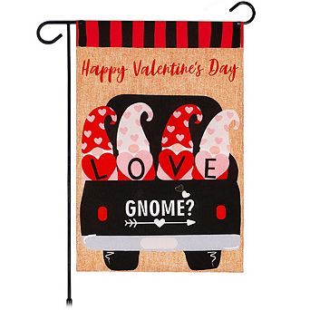 G128 Garden Flag Happy Vday Love 4 Gnomes in Truck 12"x18" Burlap