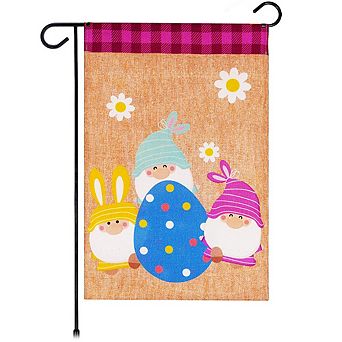 G128 Garden Flag 3 Gnomes with Large Easter Egg 12"x18" Burlap