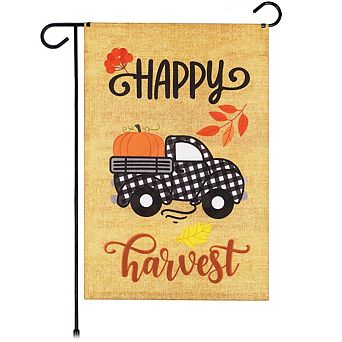 G128 Garden Flag Happy Harvest Pumpkin in Truck Bed 12"x18" Burlap