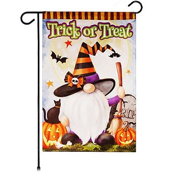 G128 Garden Flag Trick or Treat Witch Hat Gnome with Broom 12"x18"