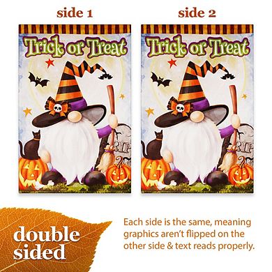 G128 Garden Flag Trick or Treat Witch Hat Gnome with Broom 12"x18"