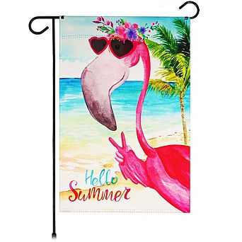 G128 Garden Flag Hello Summer Peace Sign Flamingo 12"x18" Blockout