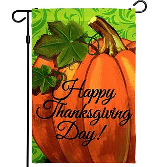 G128 Garden Flag Happy Thanksgiving Pumpkin Green BG 12"x18" 150D