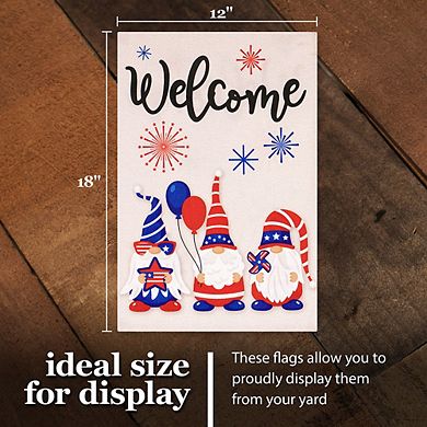 G128 Garden Flag Welcome 3 Gnomes Celebrating July 4th 12"x18" Burlap
