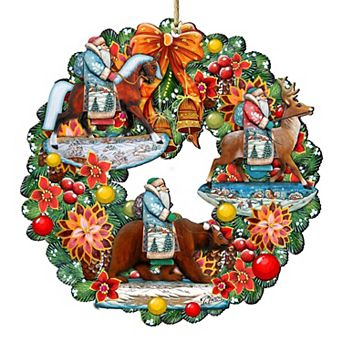 Traveling Santa Holiday 24-Inch Handcrafted Wooden Door Wreath by G. DeBrekht - Christmas Decor