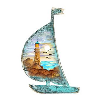Lighthouse Boat Decorative 24-Inch Handcrafted Wooden Door Decor by G. DeBrekht - Coastal Decor