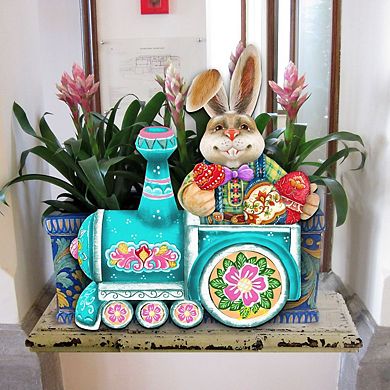 Village Train Ride Bunny 24-Inch Handcrafted Wooden Door Decor by G. Debrekht - Easter Spring Decor
