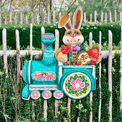 Village Train Ride Bunny 24-Inch Handcrafted Wooden Door Decor by G. Debrekht - Easter Spring Decor