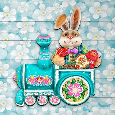 Village Train Ride Bunny 24-Inch Handcrafted Wooden Door Decor by G. Debrekht - Easter Spring Decor