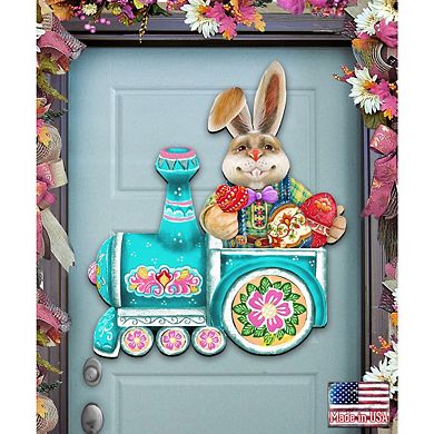 Village Train Ride Bunny 24-Inch Handcrafted Wooden Door Decor by G. Debrekht - Easter Spring Decor