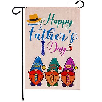 G128 Garden Flag Happy Father's Day 3 Gnome Fathers 12"x18" Burlap