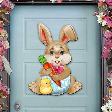 Bunny with Chick Wooden 24-Inch Handcrafted Wooden Door Hanger by G. Debrekht - Easter Spring Decor