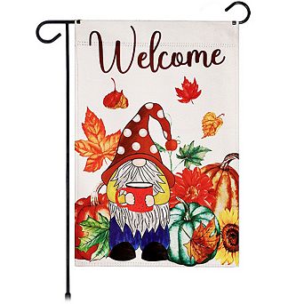 G128 Garden Flag Welcome Gnome with Coffee at Harvest 12"x18" Blockout