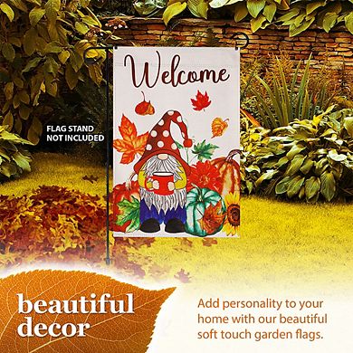G128 Garden Flag Welcome Gnome with Coffee at Harvest 12"x18" Blockout