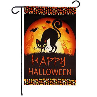 G128 Garden Flag Happy Halloween Black Cat and Ghosts 12"x18" Blockout