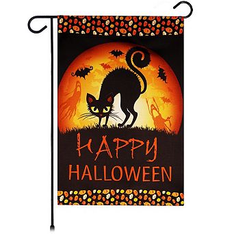 G128 Garden Flag Happy Halloween Black Cat and Ghosts 12"x18" Blockout