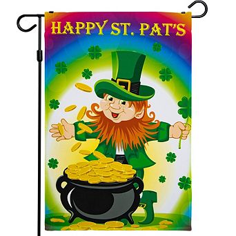 G128 Garden Flag Happy St. Pat's Leprechaun with Pot of Gold 12"x18" 150D