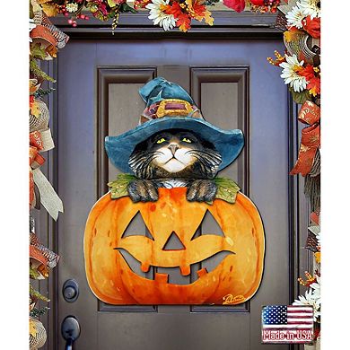 Black Cat Pumpkin Halloween 24-Inch Door Decor by G. DeBrekht - Playful Thanksgiving Decor