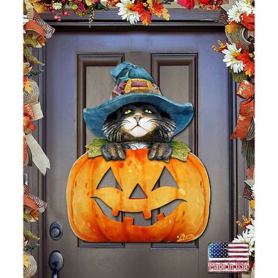 Black Cat pumpkin Halloween Door Decor by G. DeBrekht - Thanksgiving Halloween Decor