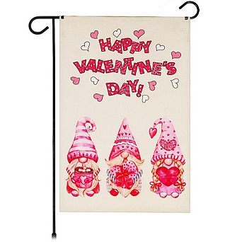 G128 Garden Flag Happy Vday 3 Pink Hat Gnomes 12"x18" Burlap
