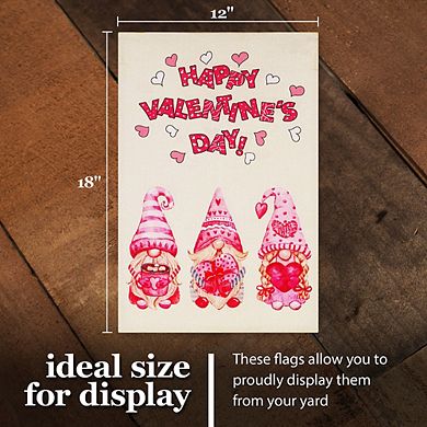 G128 Garden Flag Happy Vday 3 Pink Hat Gnomes 12"x18" Burlap
