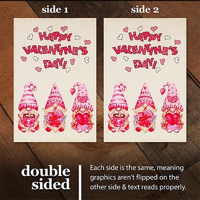 G128 Garden Flag Happy Vday 3 Pink Hat Gnomes 12"x18" Burlap