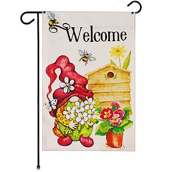 G128 Garden Flag Welcome Gnome with Flowers 12"x18" Blockout