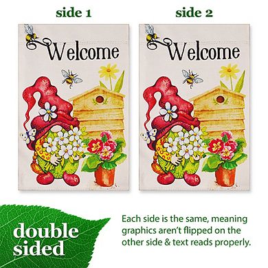 G128 Garden Flag Welcome Gnome with Flowers 12"x18" Blockout