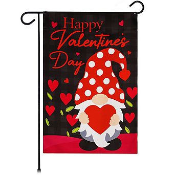 G128 Garden Flag Happy Vday Gnome Holding Red Heart 12"x18" Blockout